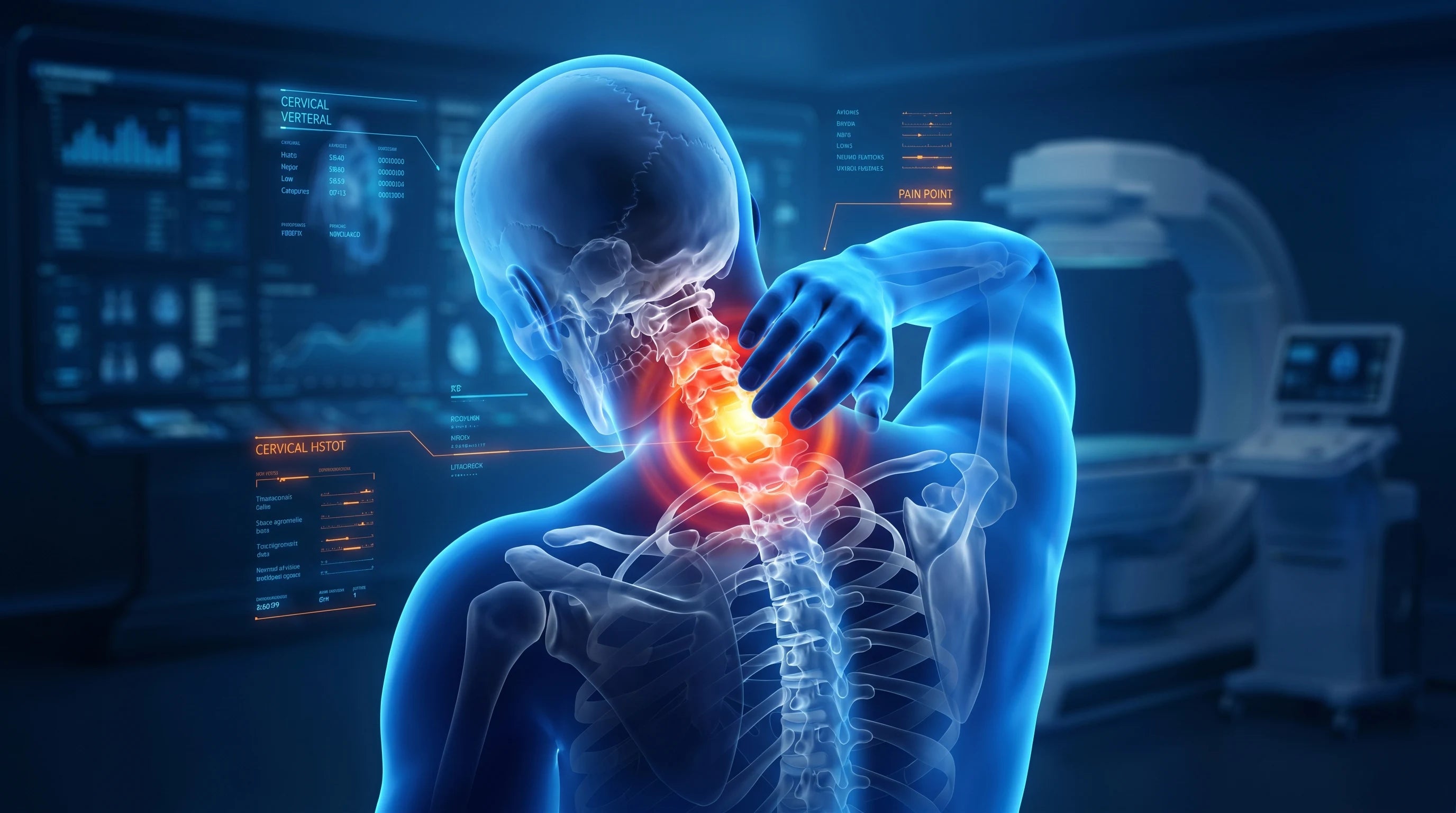 Person at desk gripping neck in pain