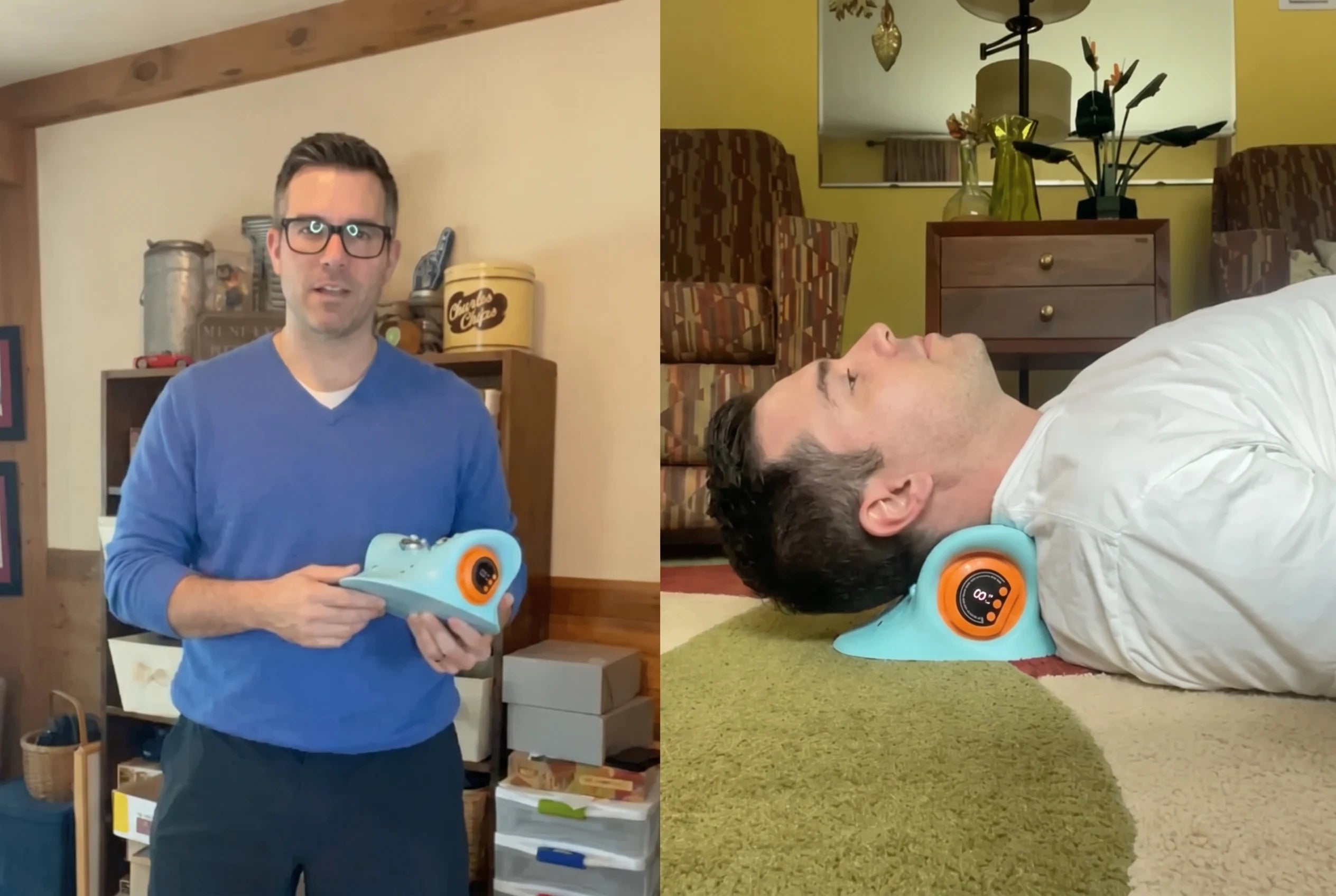 Man using UNCOIL cervical massager — 15-minute daily session