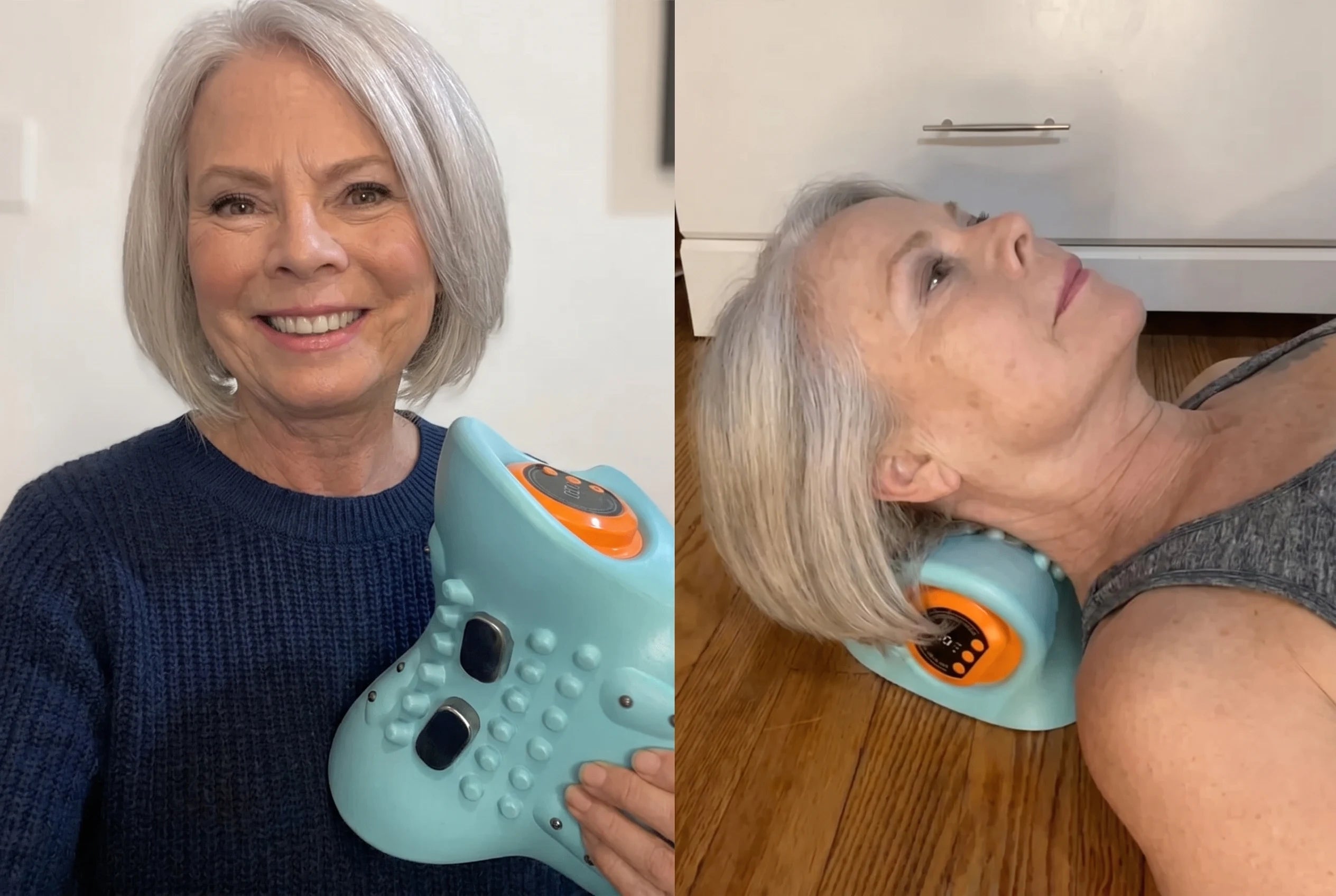 Woman using UNCOIL cervical massager during a 15-minute session at home